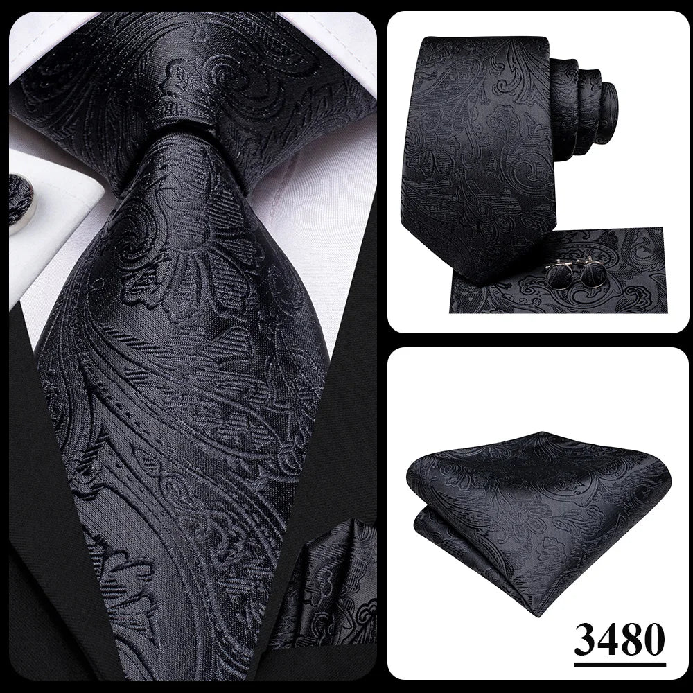 Hi-Tie Black Floral Silk Wedding Tie For Men Handky Cufflink Elegant Necktie For Men Fashion Designer Business Party Dropshiping