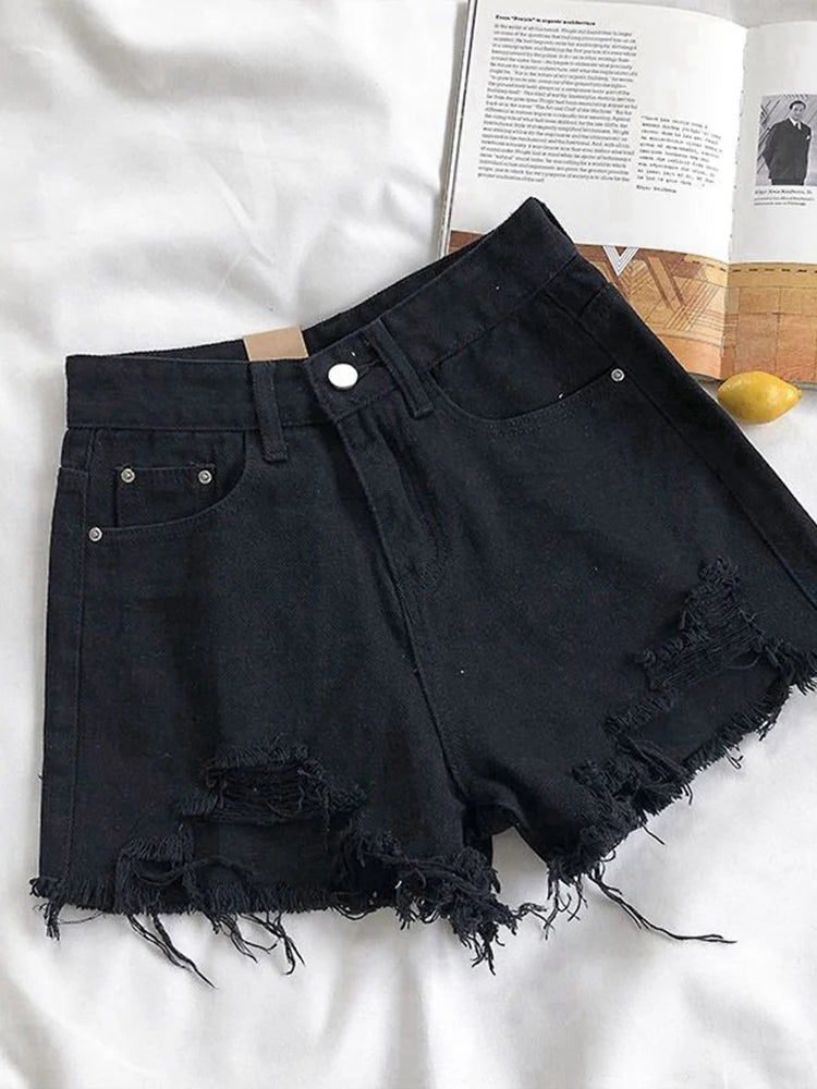 Women's Ripped Jeans Short Pants, Casual High Waist Denim Shorts, Female Clothing, Summer Pocket Hole, 2023