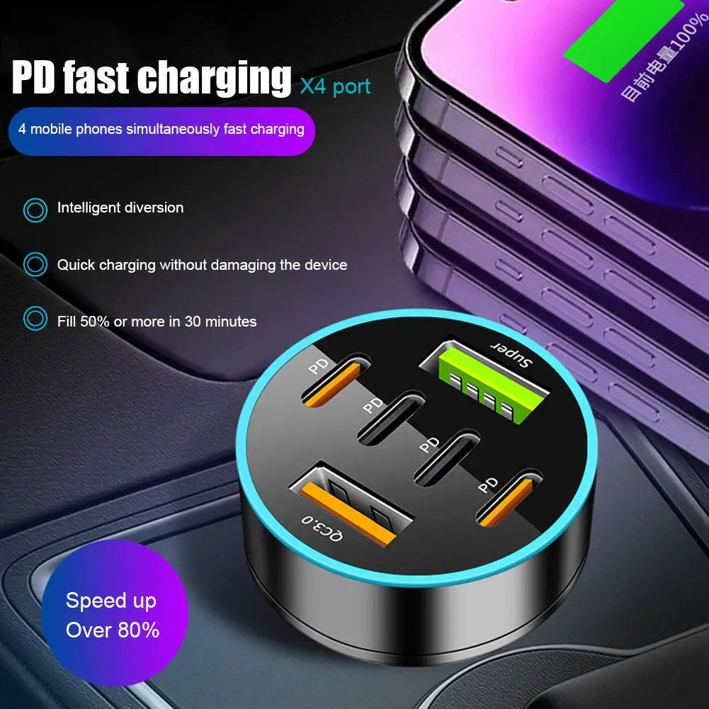 Digital Display Car With 4 Usb Car Charger Adapter 66w Fast Charging PD Head Phone Mobile Charging Car Charging Accessories