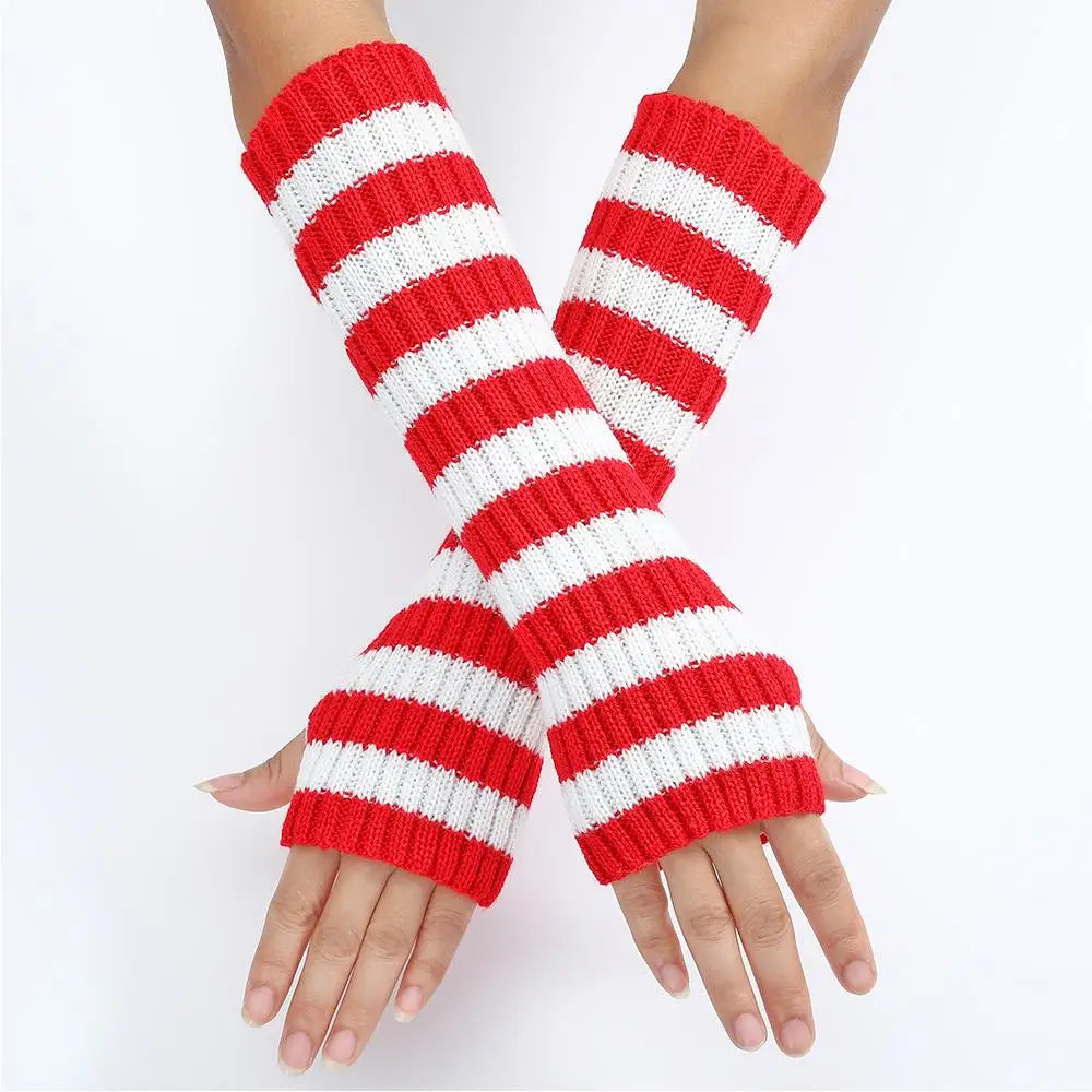 Women's Knitted Fingerless Arm Sleeves Gothic Style Striped Winter Long Arm Warmers Girls Harajuku Y2K Fashion Wrist Gloves