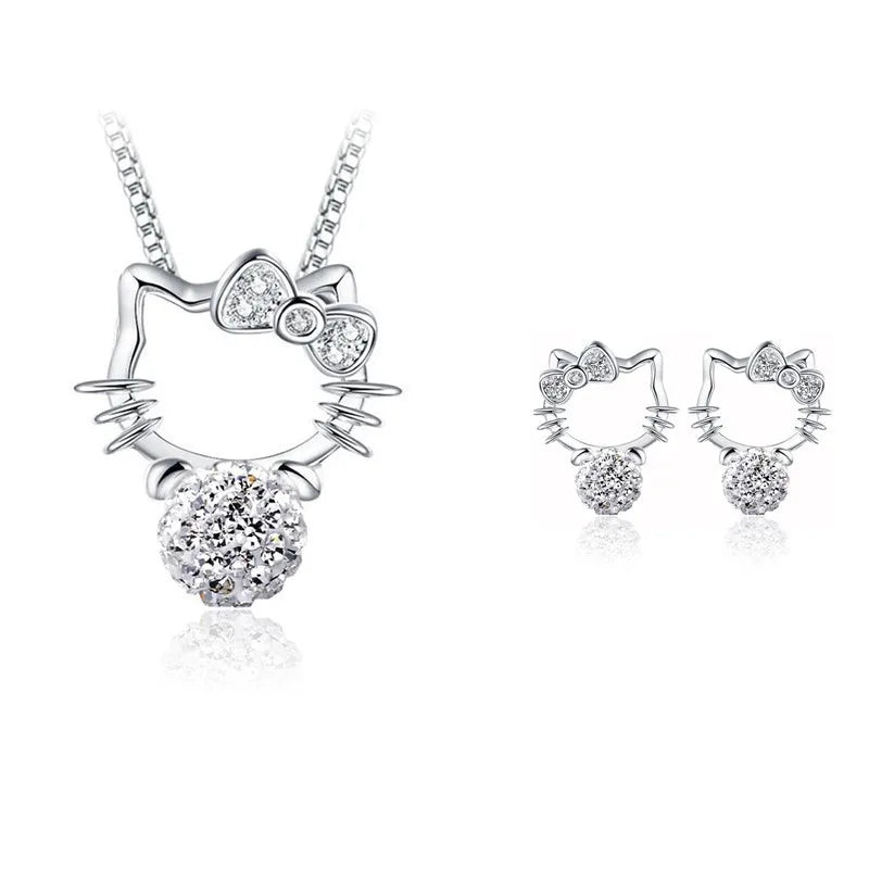 Boutique Real 925 Sterling Silver Cat Kitty Bowknot Pearl Jewelry Sets Necklace Stud Earrings Hot Sale Accessories JY106