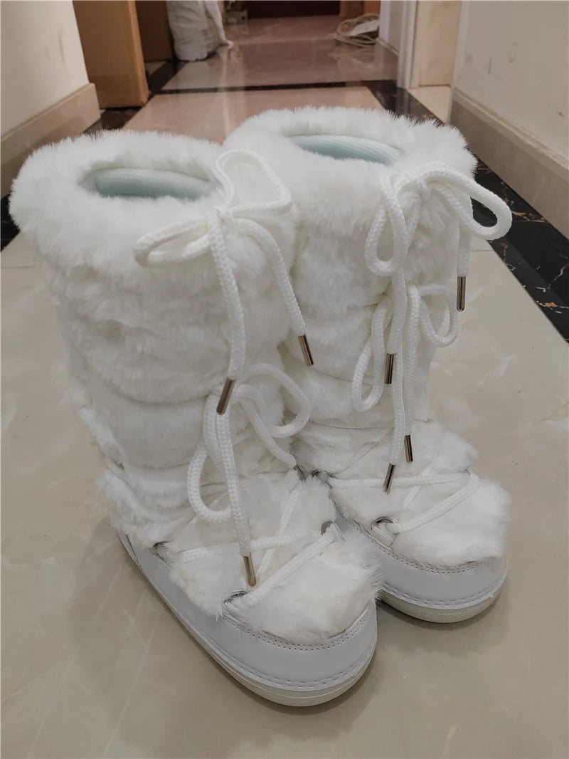 Fluffy Fur Boots 2024 Winter Fashion Sexy Faux Fox Fur Snow Boots Ladies Furry Warm Cotton Boots Female Outdoor Ski Boots