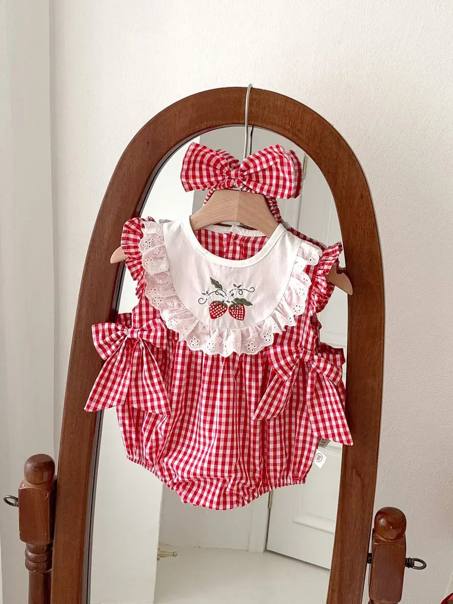 Summer Baby Girls Romper+Headband Newborn Red Plaid Strawberry Embroidery Summer Onesies Clothes Casual and versatile style