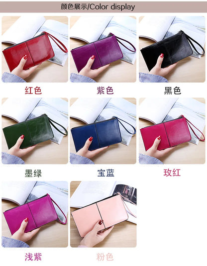 Women's Vintage Oil Wax Leather Zipper Clutch Wallet Female Large Capacity Coin Purse Ladies Wristband Simple Card Holder Wallet