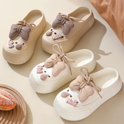 Summer Women's Hole Shoes Cute Bow Thick Sole Anti Slip Resistant Women's Baotou Slippers for Home Outdoor Garden Shoes