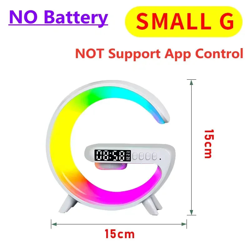 Drahtloses Ladegerät-Ständer-Pad, RGB-Nachtlicht, Wecker, Bluetooth-Lautsprecher für iPhone, Samsung, Kopfhörer, schnelle Ladestation