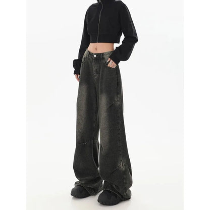 Deeptown Y2k Vintage Black Jeans Women Streetwear Baggy Denim Pants Wide Leg Harajuku Korean Trousers Goth Spring 2024 American