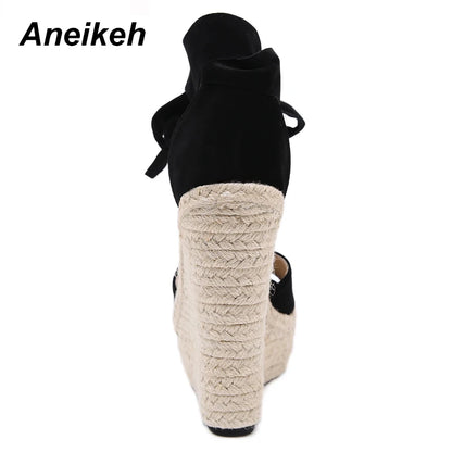 Aneikeh Women Summer Butterfly Knot Open Toe Sandals Fashion Platform High Heel Wedge Lace-Up Ankle Bowtie Dress Shoes 35-40