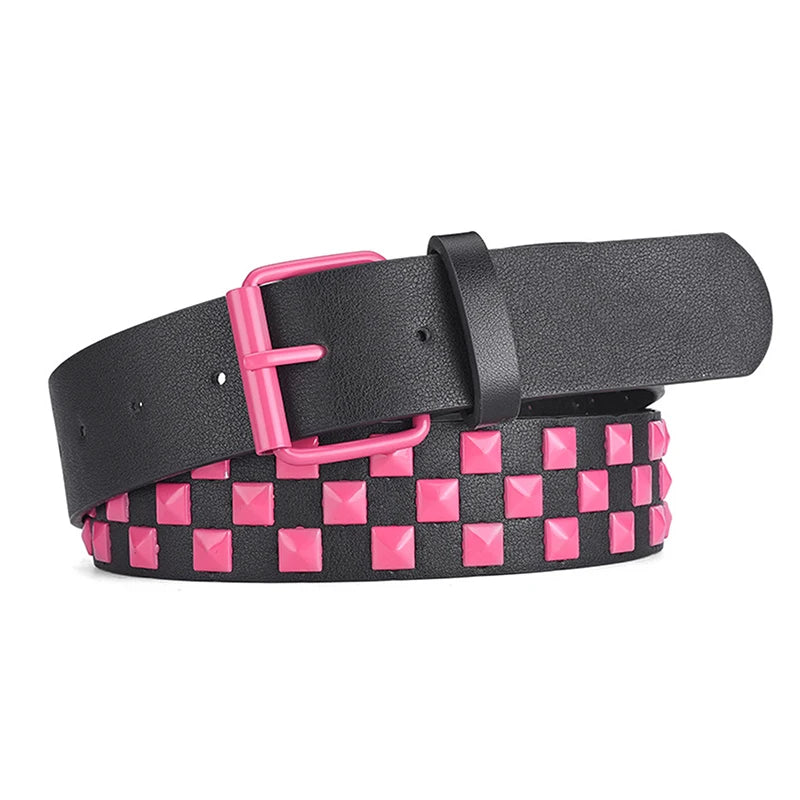 New Personalised Rivets Checkerboard PU Leather Belt 107CM Men And Women Universal Fashion Hip-hop Punk Belt Ins Style