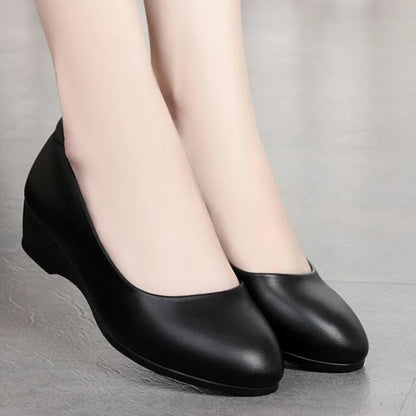 Women Fashion Light Weight Wedge Heel Comfort Spring & Autumn Shoes Lady Casual Sweet Home & Outside Black Leather Pumps E1419