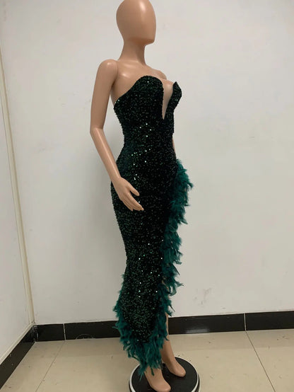 Women Evening Dresses Asymmetrical Shiny Sequins Feather Cocktail Party Dress Sexy Strapless Long Formal Prom Dresses Xiny189