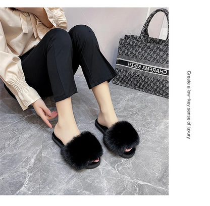 New Woman Slippers Winter Simple Word Fur Flats Soft Home Women Slippers Faux Fur Warm Bedroom Leisure Female Shoes