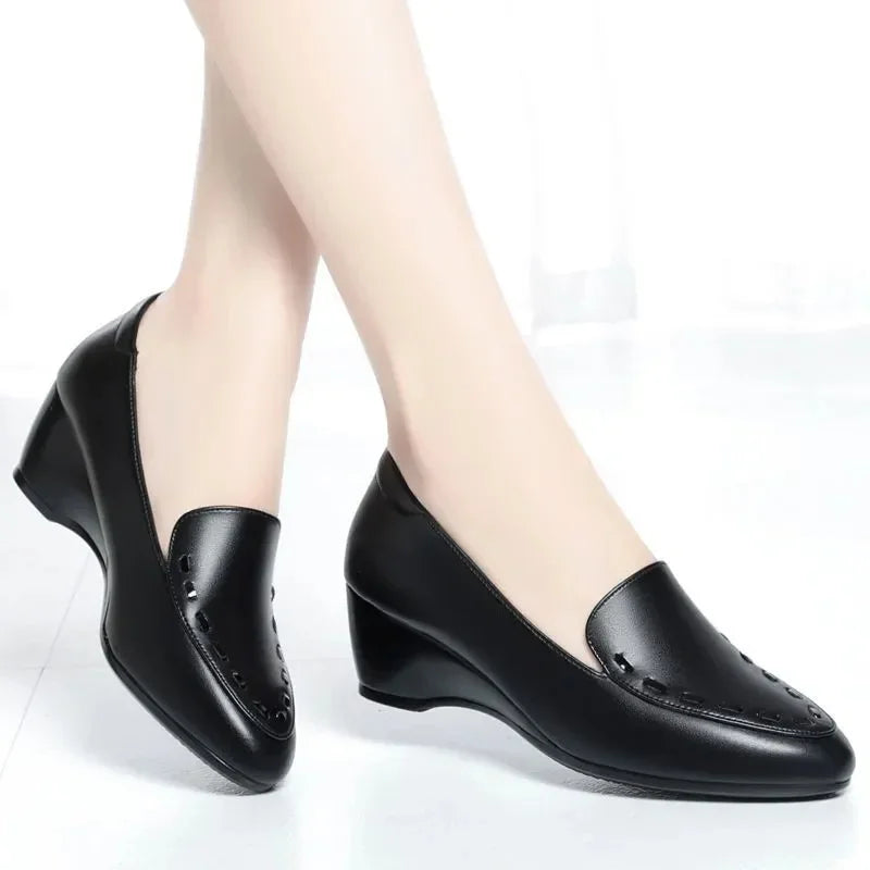 Women Fashion Light Weight Wedge Heel Comfort Spring & Autumn Shoes Lady Casual Sweet Home & Outside Black Leather Pumps E1419