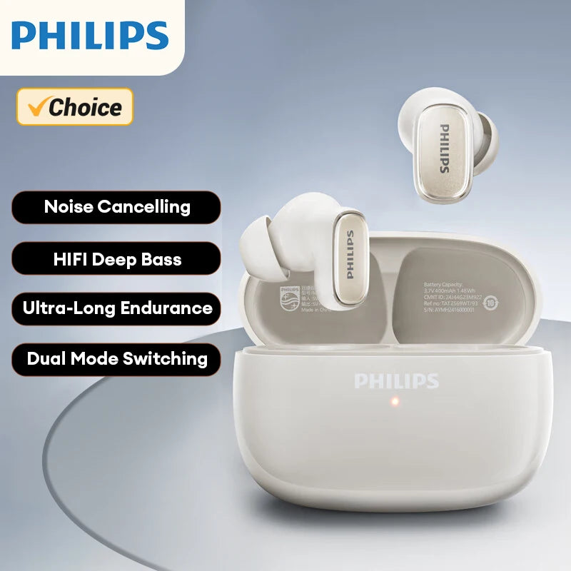 Original Philips TAT2569 Wireless Bluetooth V5.4 Noise Reduction  IPX4 Waterproof Sport Earbuds t New Low Latency Gaming Headse