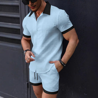 2025 Spring and summer new European and American fashion casual men's shirt color short-sleeved shorts beach suit