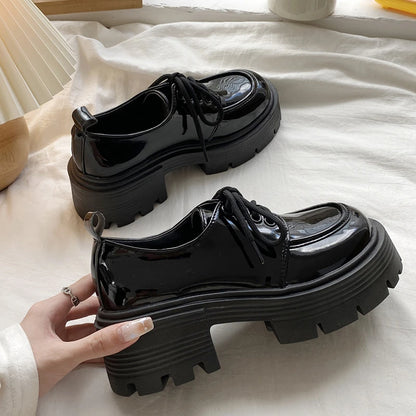 Lucyever Patent Leather Platform Loafers Women 2023 Preppy Style Lace Up Oxford Shoes Woman Black Thick Bottom Y2K Shoes Female