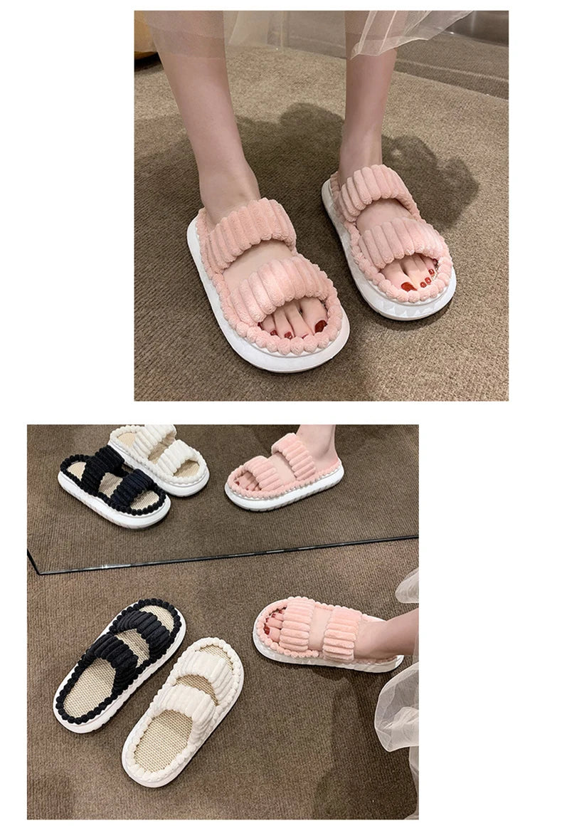 2023 Winter Solid Linen Slippers 36-45size Women Home Slippers Household Cotton Non Slip Thick Mute Shoes Couple Indoor Slipper