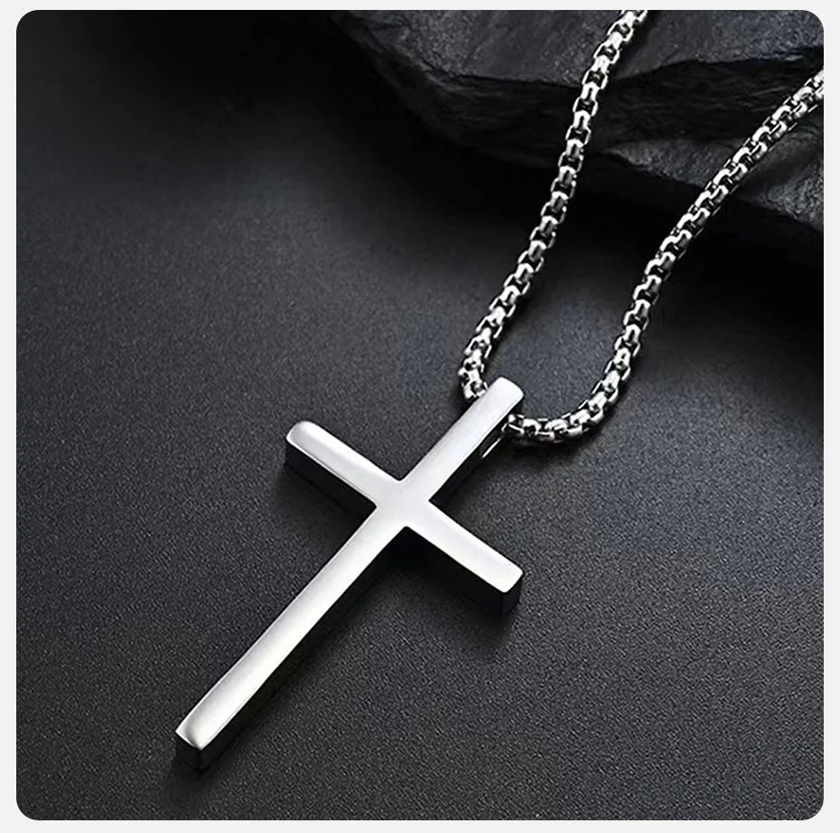 Vnox Cross Necklace for Men Women, Silver Color Plain Cross Pendant Collar with Stainless Steel Box Chain