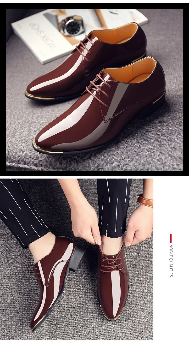 2024 New Men’s Patent Leather Shoes  British Style Men's Dress Shoes Lace Up Pointed Toe Wedding Business Party Social Shoe Male