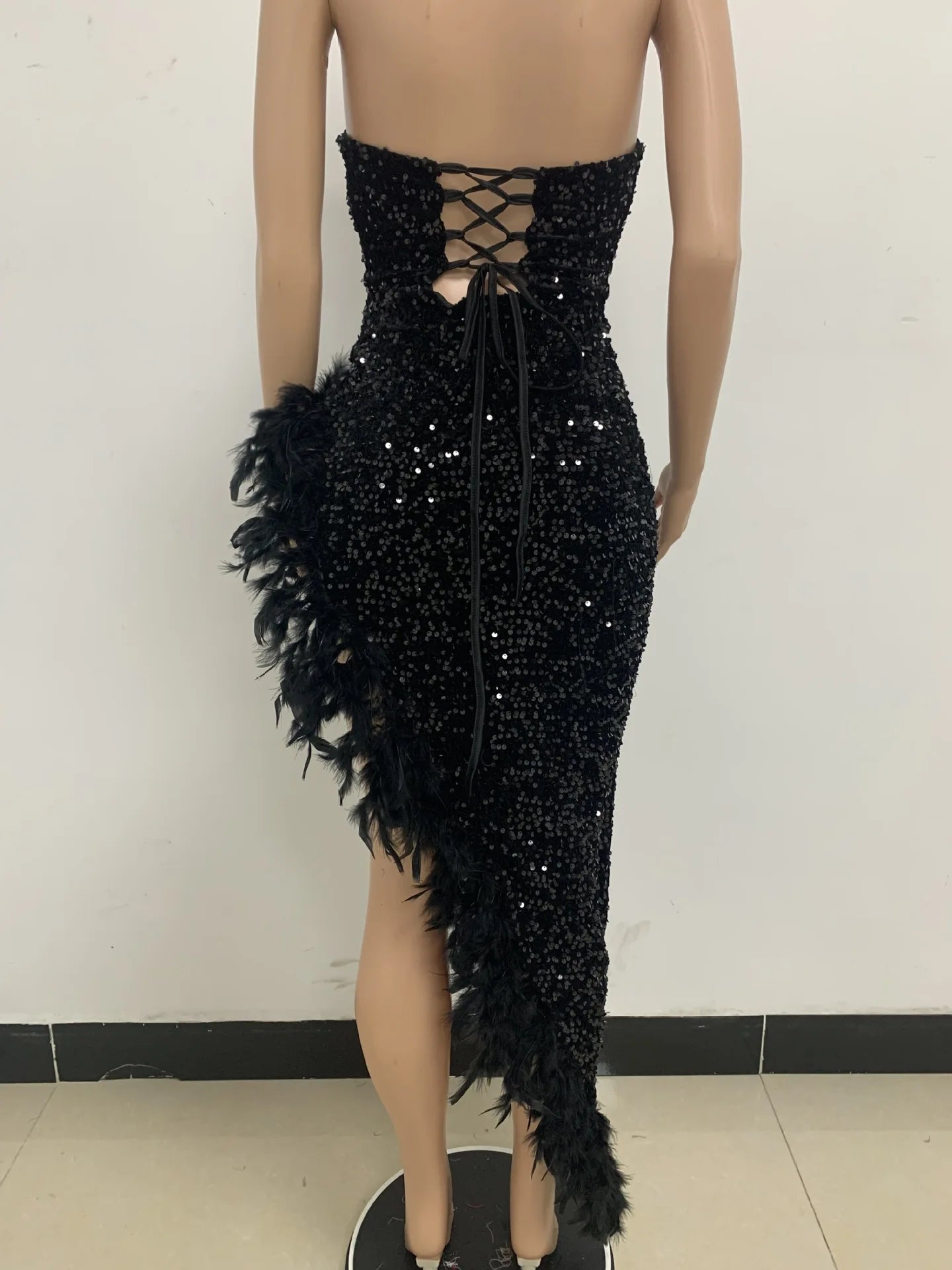 Women Evening Dresses Asymmetrical Shiny Sequins Feather Cocktail Party Dress Sexy Strapless Long Formal Prom Dresses Xiny189