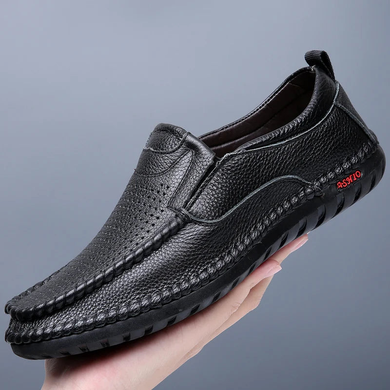 Breathable Genuine Leather Men Shoes Summer Slip On Loafers Men Casual Leather Shoes Blue Flats Hot Sale Driving Shoes Moccasins