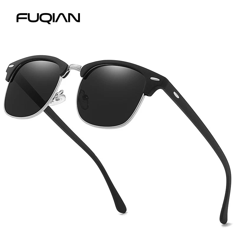 Classic Half Frame Polarized Sunglasses Men Women Retro Rivet Small Sun Glasses Male Popular Black Anti Glare Travelling Shades