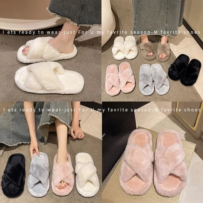 Casual Fluffy Slippers Women House Flats Plush Designer Platform Winter Shoes Girls Elegant Warm Home Fashion Popular Footwear