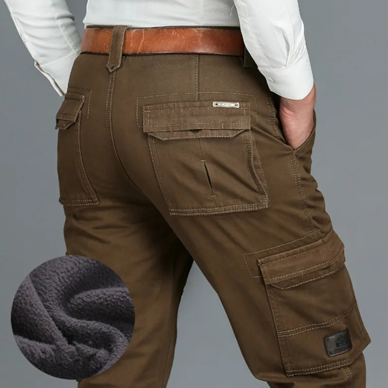 6 Pockets Fleece Warm Cargo Pants Men Clothing Thermal Work Casual Winter Pants For Men Green Black Khaki Trousers Male