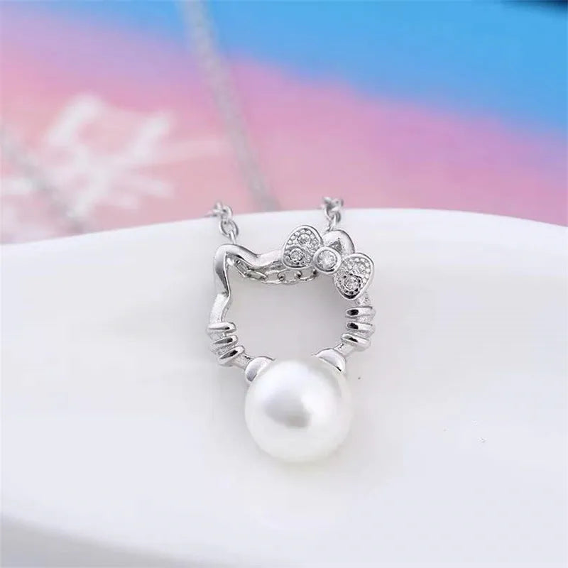 Boutique Real 925 Sterling Silver Cat Kitty Bowknot Pearl Jewelry Sets Necklace Stud Earrings Hot Sale Accessories JY106