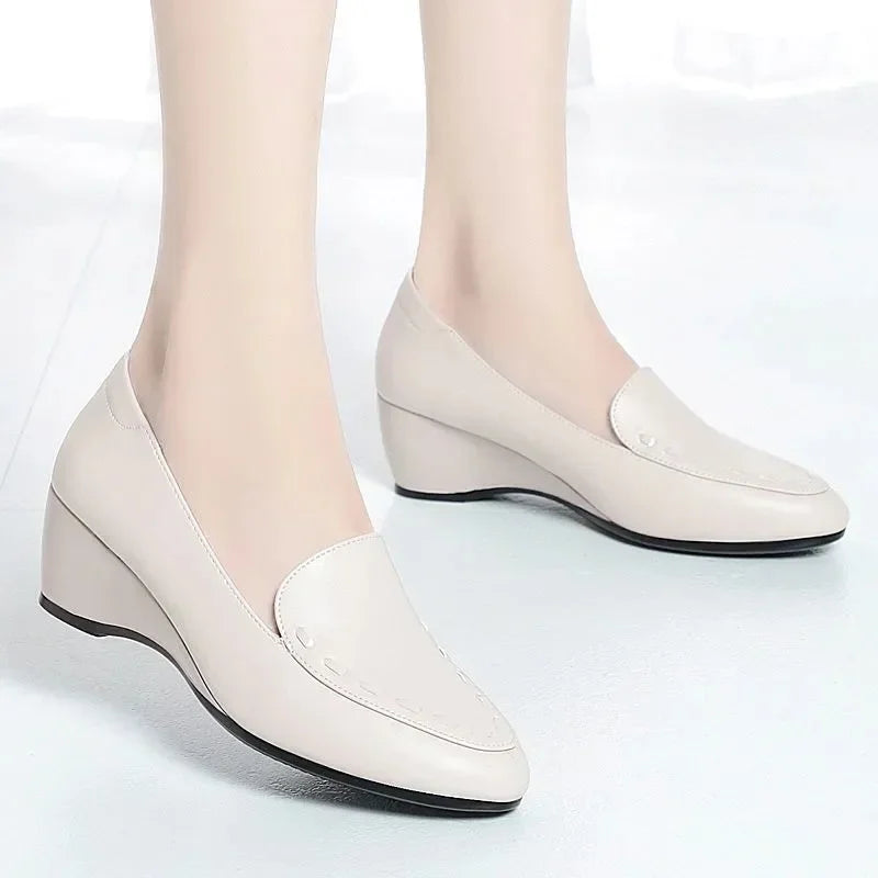 Women Fashion Light Weight Wedge Heel Comfort Spring & Autumn Shoes Lady Casual Sweet Home & Outside Black Leather Pumps E1419