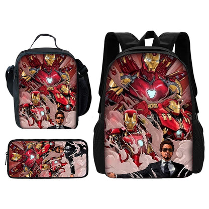 Cartoon Man M-Marvels Iron 3 pcs set Child School Backpack with Lunch Bags ,Pencil Bags School Bags for Boys Girls Best Gift