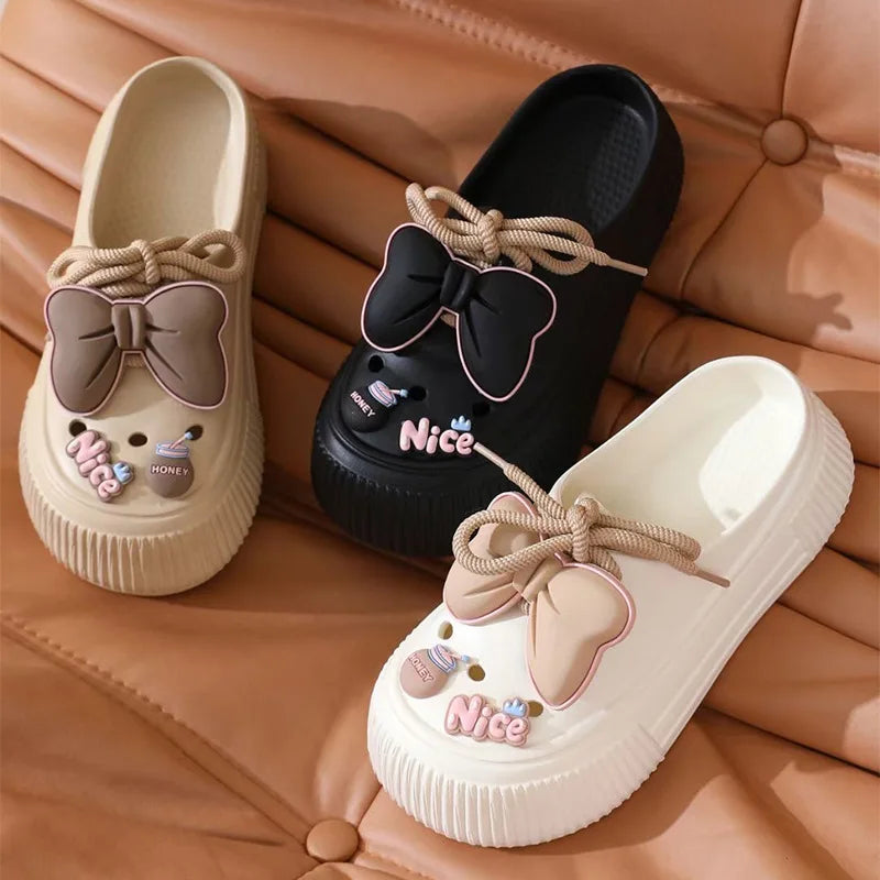 Summer Women's Hole Shoes Cute Bow Thick Sole Anti Slip Resistant Women's Baotou Slippers for Home Outdoor Garden Shoes