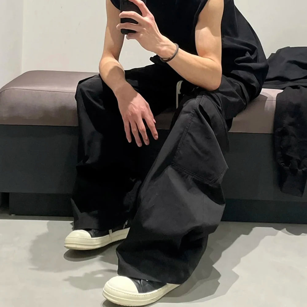 Ro Style Wide Leg Drawstring Black Cargo Pants Unisex Straight Baggy Casual Overalls Men's Streetwear Loose Oversized Trousers