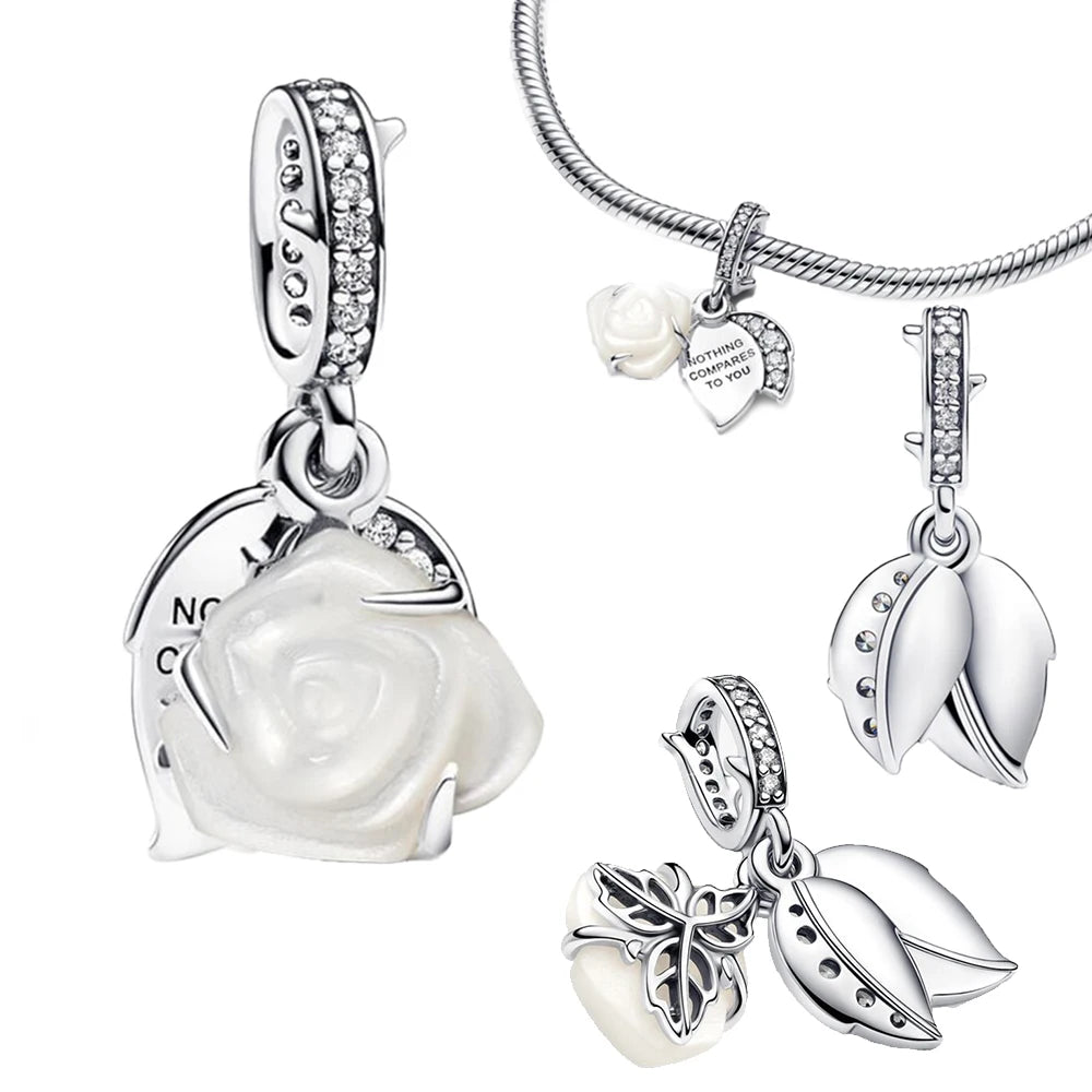 925 Sterling Silver White Rose in Bloom Double Dangle Charm Fit Charms Silver 925 Original Bracelet for Jewelry Making