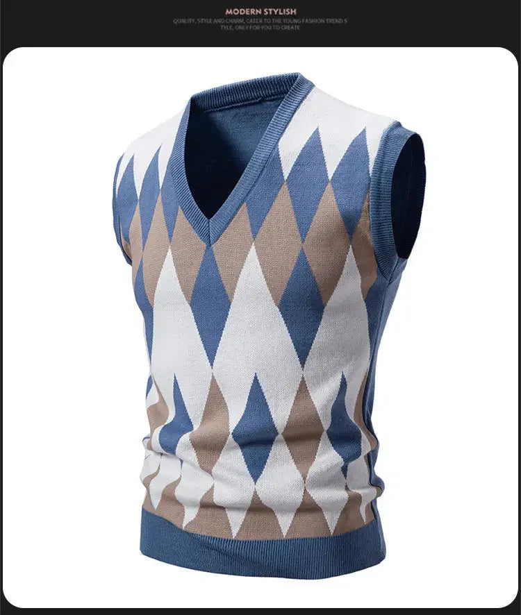 New Knitted Thread Men's Fashion Embroidery Color Matching V-neck Sleeveless Sweater Casual Lining Vest Men's Top