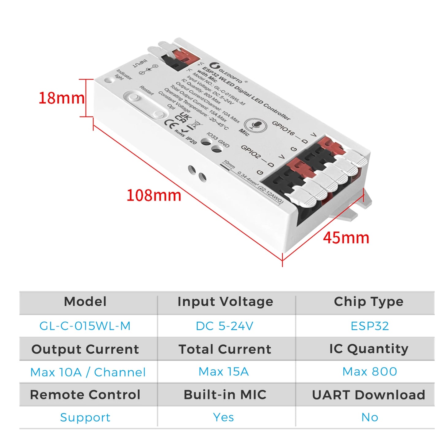 WLED Controller ESP32 with Microphone Sound Reactive Music Sync 5V 12V 24V WLED Remote Control Optional, Work with Alexa