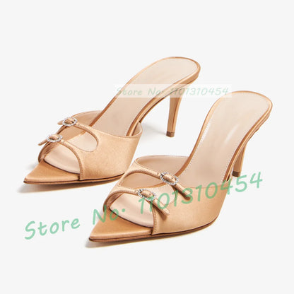 Sweet Double Buckle Mules Women Elegant Pointed Open Toe Luxury Satin Stiletto Heel Shoes Ladies Casual Concise Summer Slippers