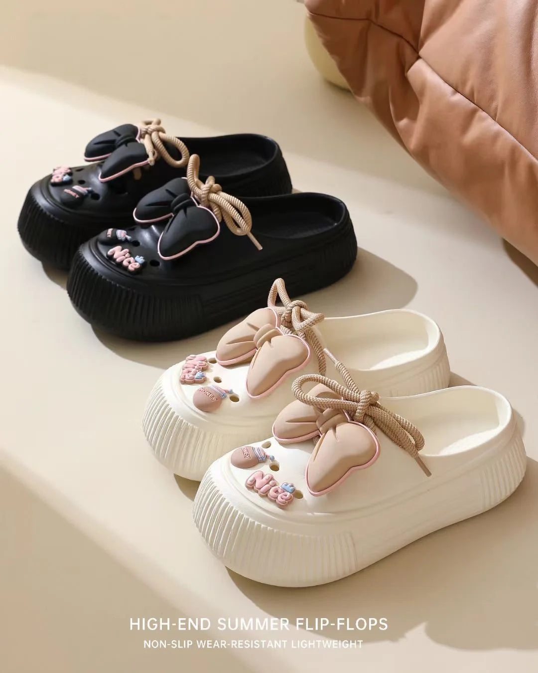 Summer Women's Hole Shoes Cute Bow Thick Sole Anti Slip Resistant Women's Baotou Slippers for Home Outdoor Garden Shoes