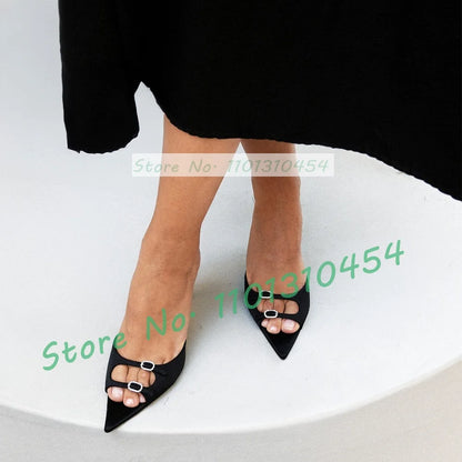 Sweet Double Buckle Mules Women Elegant Pointed Open Toe Luxury Satin Stiletto Heel Shoes Ladies Casual Concise Summer Slippers