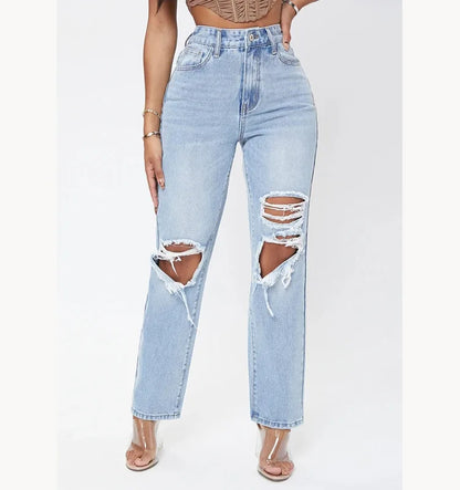 Women Mom Jeans Pant Long Pants Hollow Out Blue Elegant High Waist Pencil Elegant Wide Leg Streetwear Y2k Denim Trousers 2024