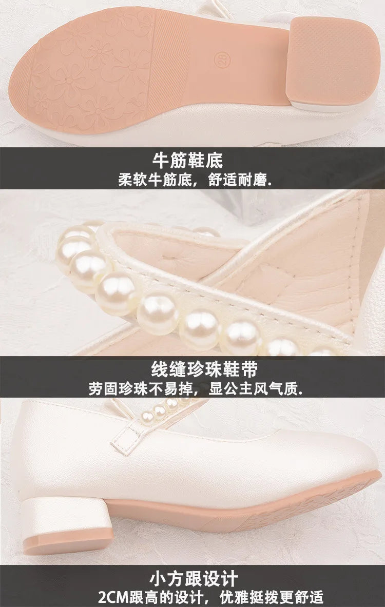 White Bow Spring and Autumn Girls High Heel Princess Shoes Pearl Tide Pumps