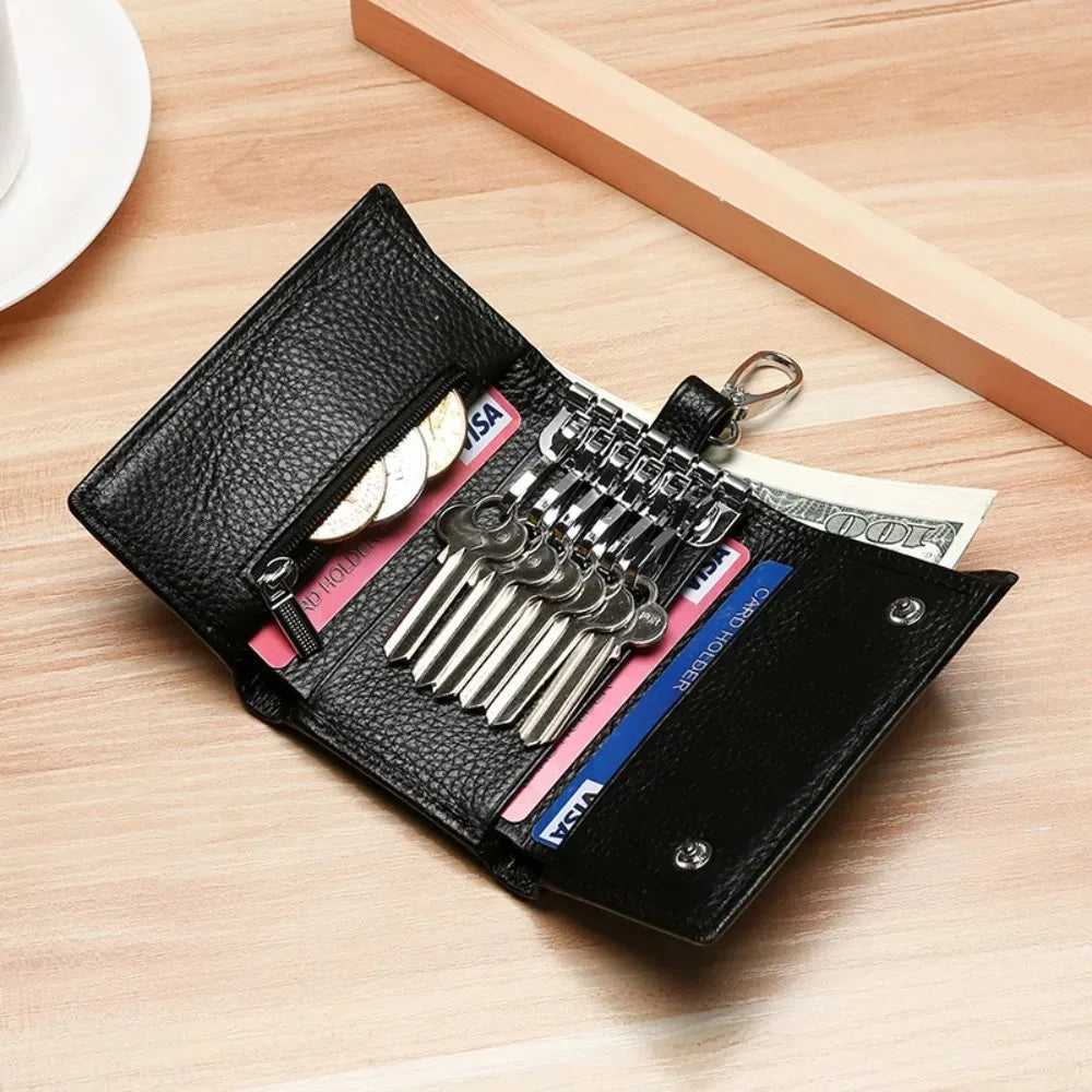 New Key Holder Wallet Genuine Leather Unisex Solid Key Wallet Organizer Bag Car Housekeeper Wallet Card Holder Keychain Leather