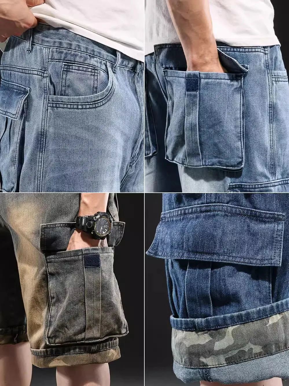 Men's Wide-leg Denim Shorts Multi Pocket 7 Point Work Cargo Jeans Shorts Fat Plus Size Denim Shorts Male