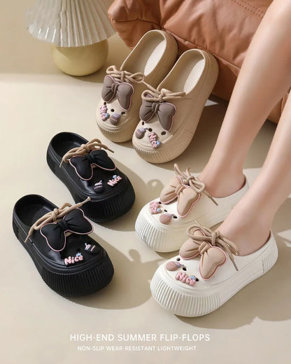 Summer Women's Hole Shoes Cute Bow Thick Sole Anti Slip Resistant Women's Baotou Slippers for Home Outdoor Garden Shoes