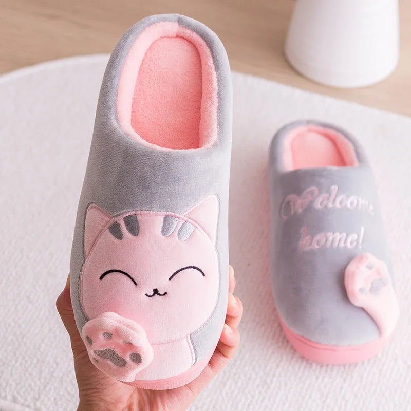 Women Home Slippers Winter Cartoon Cat Slippers Anti Slip Soft Warm Plush Indoor House Slippers Bedroom Couples Floor Shoes