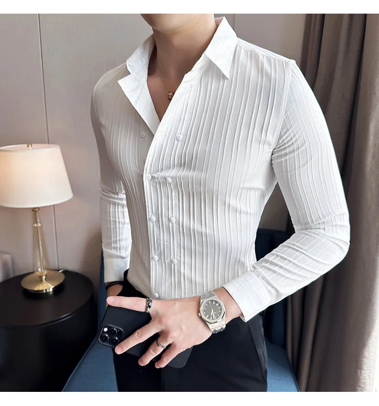 British Style Men Double Breasted Shirt 2023 Autumn New Long Sleeved Striped Slim Fit Shirts Formal Business Social Party Tuxedo