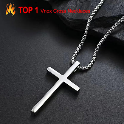 Vnox Cross Necklace for Men Women, Silver Color Plain Cross Pendant Collar with Stainless Steel Box Chain