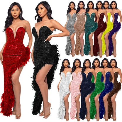 Women Evening Dresses Asymmetrical Shiny Sequins Feather Cocktail Party Dress Sexy Strapless Long Formal Prom Dresses Xiny189