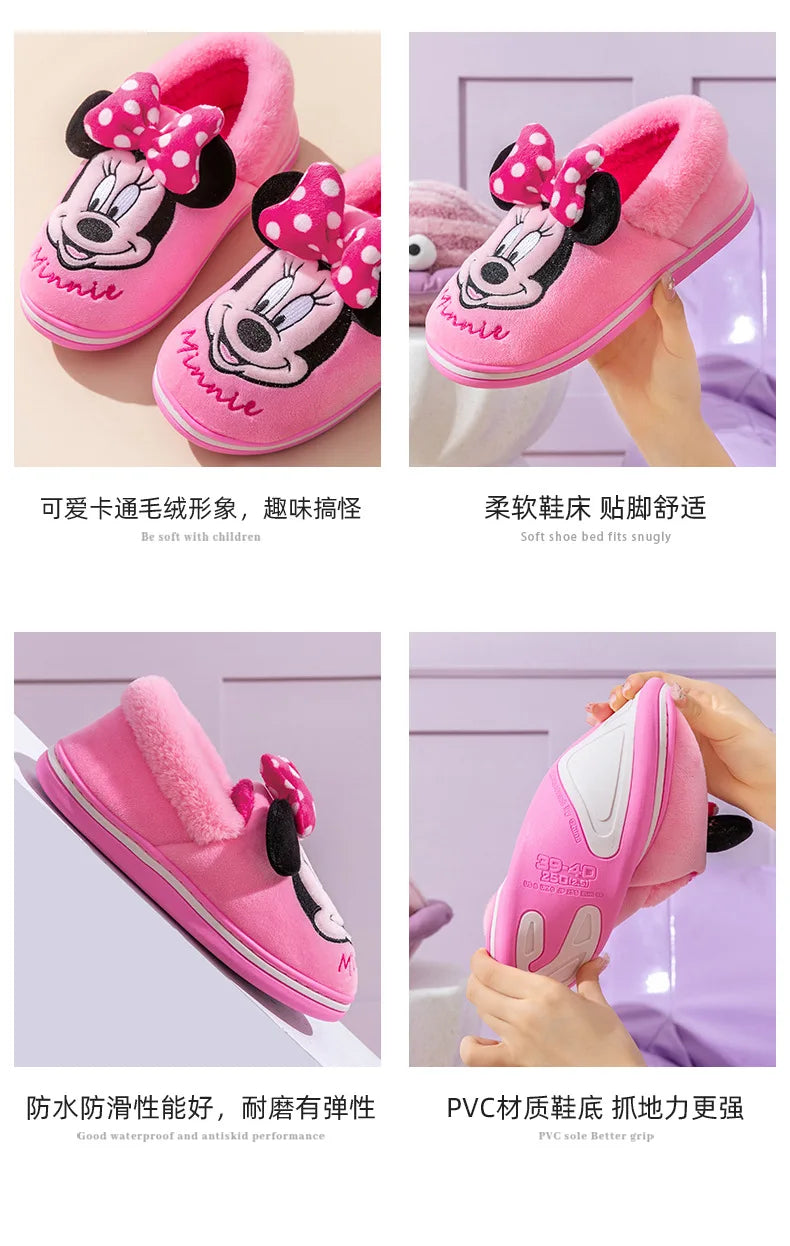 Disney Minnie Children Cotton Slipper Bag Heel Winter Boy Baby Non-slip Hair Mop Indoor Home Shoes Warm Cute Cotton Shoes Winter