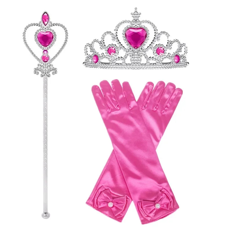 Mädchen Elsa Belle Prinzessin Accessoire Halloween Cosplay Kostüm Schleife Handschuhe Krone Zauberstab Halskette Armband Set Geburtstagsgeschenke